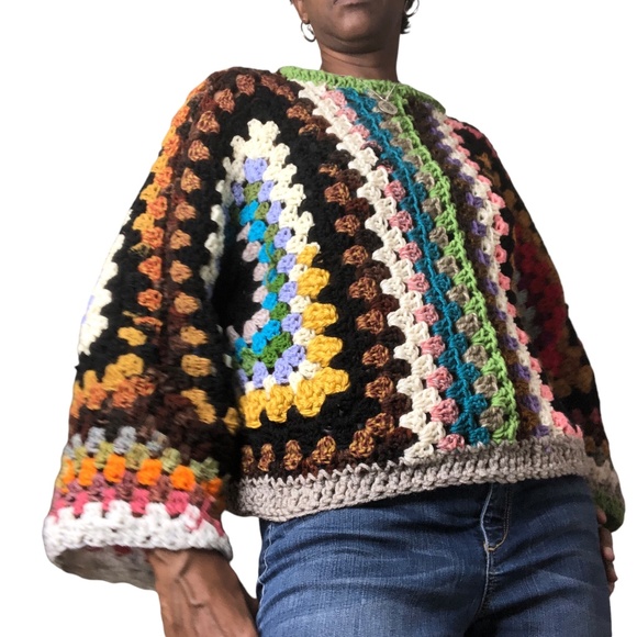 Hand Crafted Sweaters - Multi-Color Artisan Cropped Pullover Bohemian Style Sweater